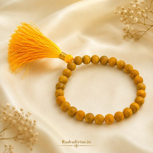 Haldi Mala 27+1 Beads 7-8MM crafted with natural turmeric beads and official Lab Certificate by Rudradivine for prosperity, Guru blessings, meditation, and spiritual devotion.