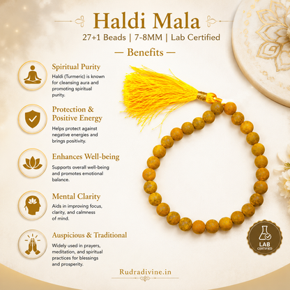 Haldi Mala 27+1 Beads 7-8MM crafted with natural turmeric beads and official Lab Certificate by Rudradivine for prosperity, Guru blessings, meditation, and spiritual devotion.
