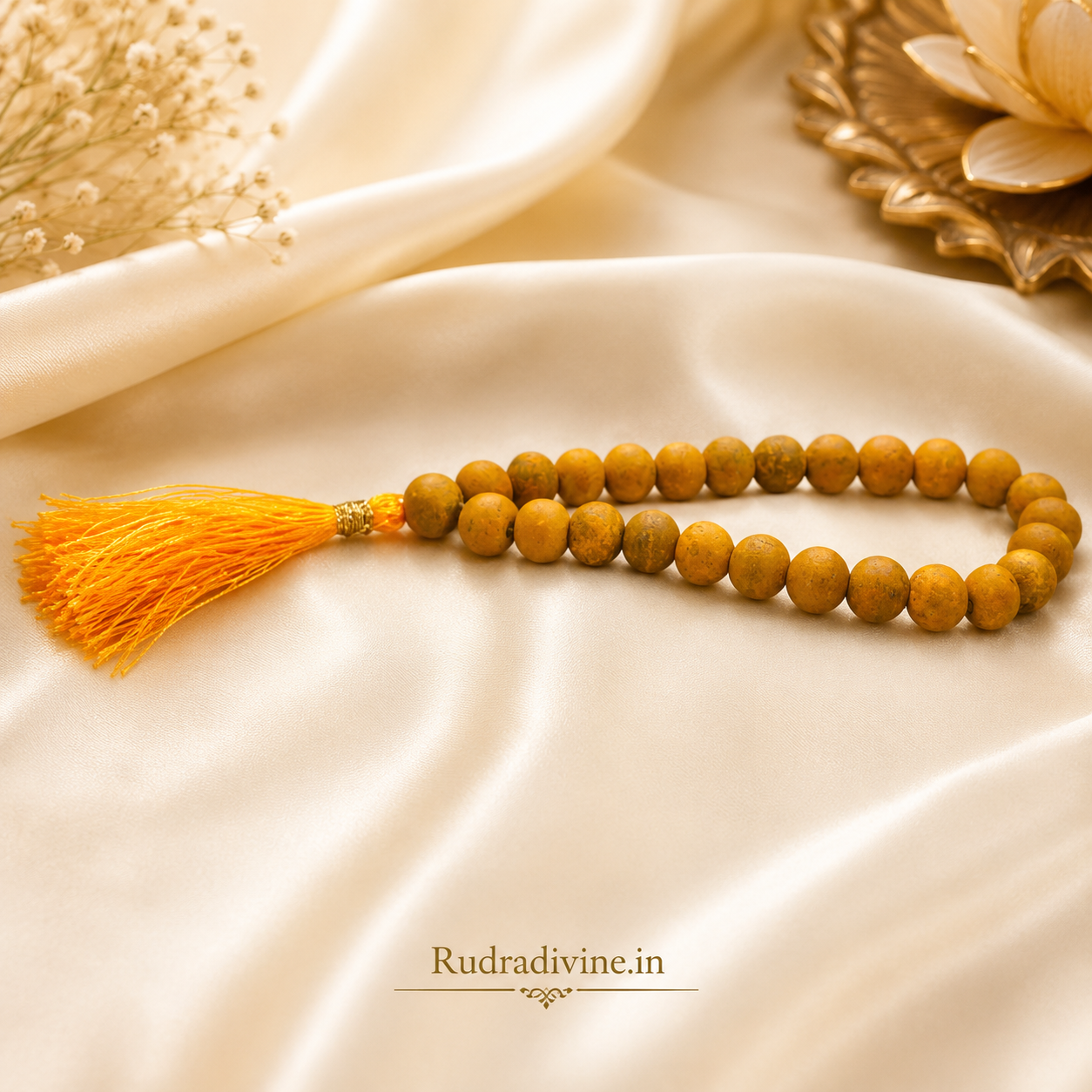 Haldi Mala 27+1 Beads 7-8MM crafted with natural turmeric beads and official Lab Certificate by Rudradivine for prosperity, Guru blessings, meditation, and spiritual devotion.