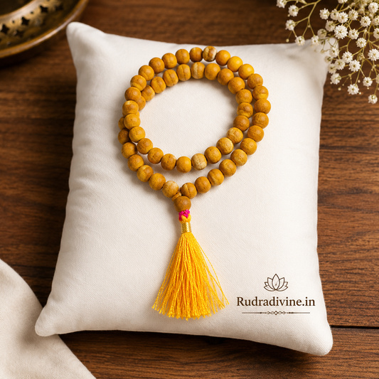 Haldi Mala 54+1 Beads 7-8MM crafted with natural turmeric beads and official Lab Certificate by Rudradivine for Guru blessings, prosperity, meditation, and spiritual devotion.