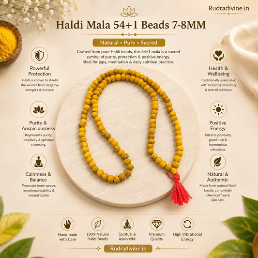 Haldi Mala 54+1 Beads 7-8MM crafted with natural turmeric beads and official Lab Certificate by Rudradivine for Guru blessings, prosperity, meditation, and spiritual devotion.