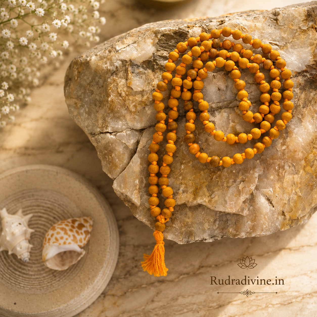 Haldi Mala 54+1 Beads 7-8MM crafted with natural turmeric beads and official Lab Certificate by Rudradivine for Guru blessings, prosperity, meditation, and spiritual devotion.