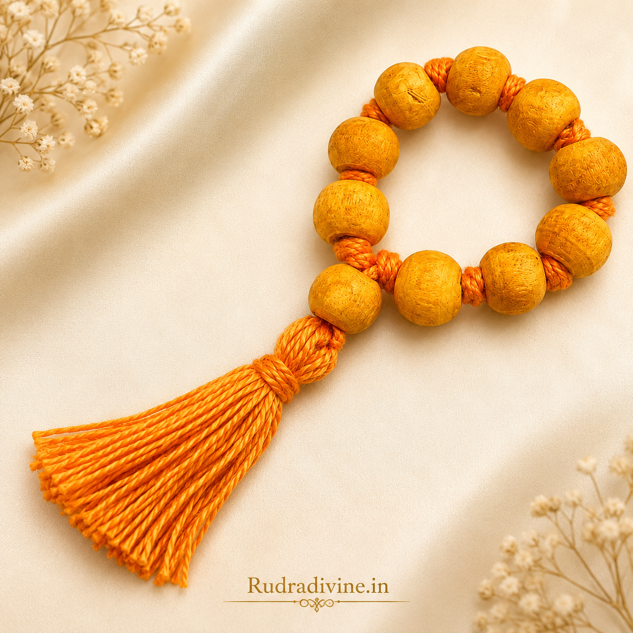 Haldi Mala 9+1 Beads 7-8MM crafted with natural turmeric beads and official Lab Certificate by Rudradivine for prosperity, Guru blessings, and spiritual devotion.