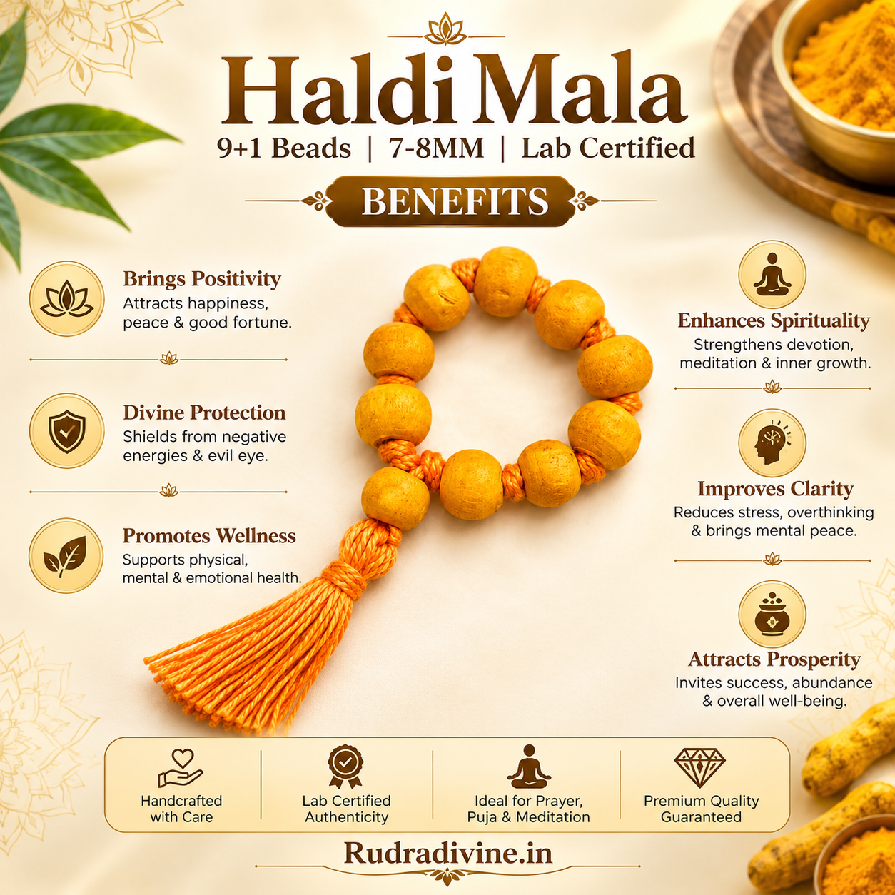 Haldi Mala 9+1 Beads 7-8MM crafted with natural turmeric beads and official Lab Certificate by Rudradivine for prosperity, Guru blessings, and spiritual devotion.