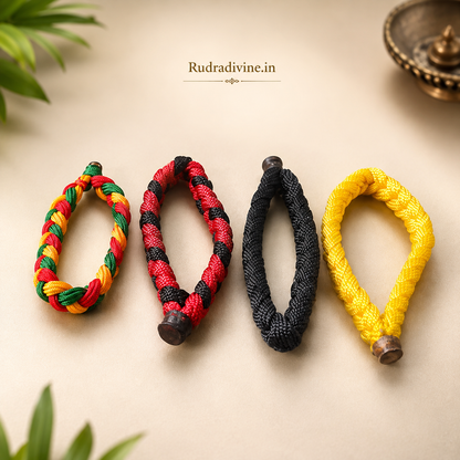 Handmade Mauli Dhaga Raksha Sutra Thread Bracelet with Lab Certificate by Rudradivine, traditionally worn for spiritual protection, positivity, and daily worship.