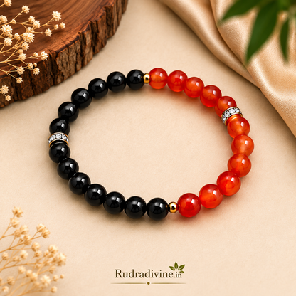 Hessonite & Black Agate Bracelet with natural Gomed and Hakik 8MM beads, Lab Certified by Rudra Divine for traditional spiritual and astrological use.