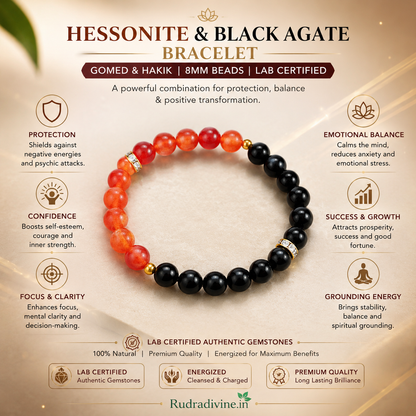 Hessonite & Black Agate Bracelet with natural Gomed and Hakik 8MM beads, Lab Certified by Rudra Divine for traditional spiritual and astrological use.