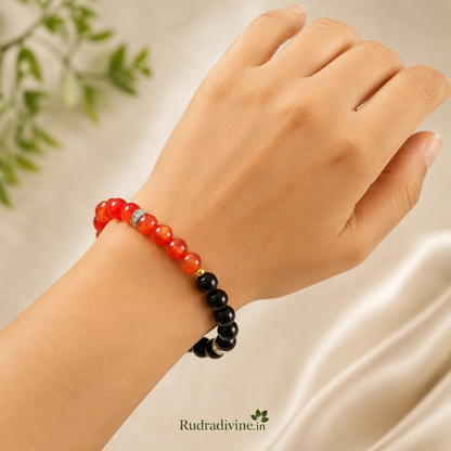 Hessonite & Black Agate Bracelet with natural Gomed and Hakik 8MM beads, Lab Certified by Rudra Divine for traditional spiritual and astrological use.