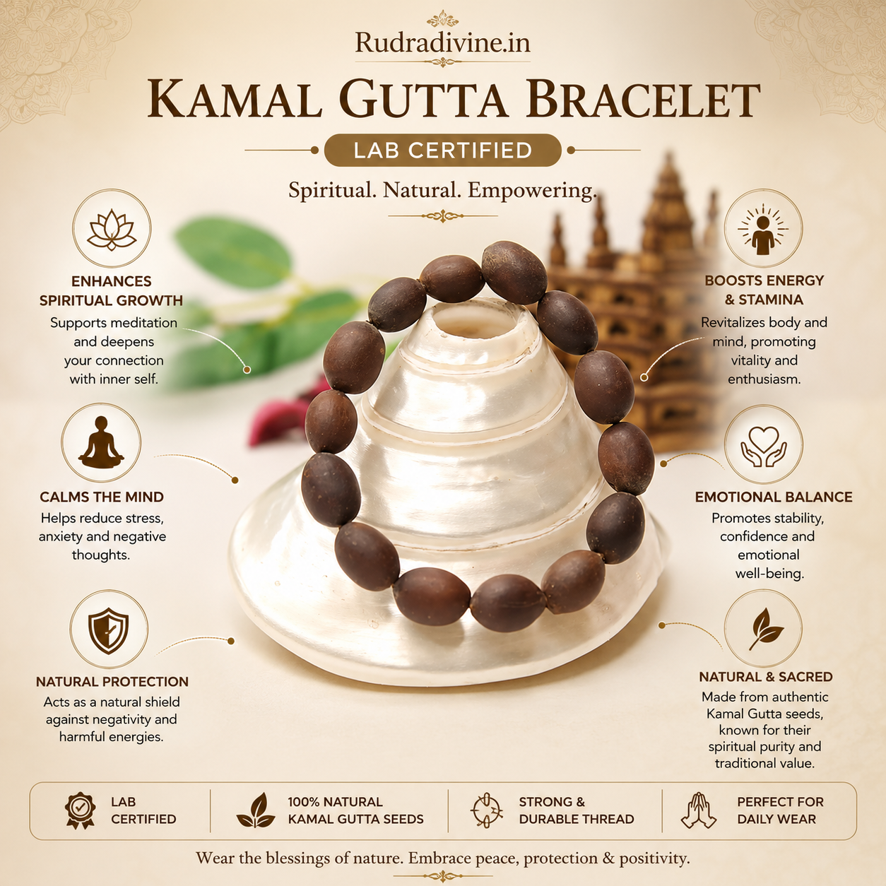 Kamal Gutta Bracelet crafted with natural lotus seeds and official Lab Certificate by Rudradivine for prosperity, Lakshmi worship and spiritual meditation.