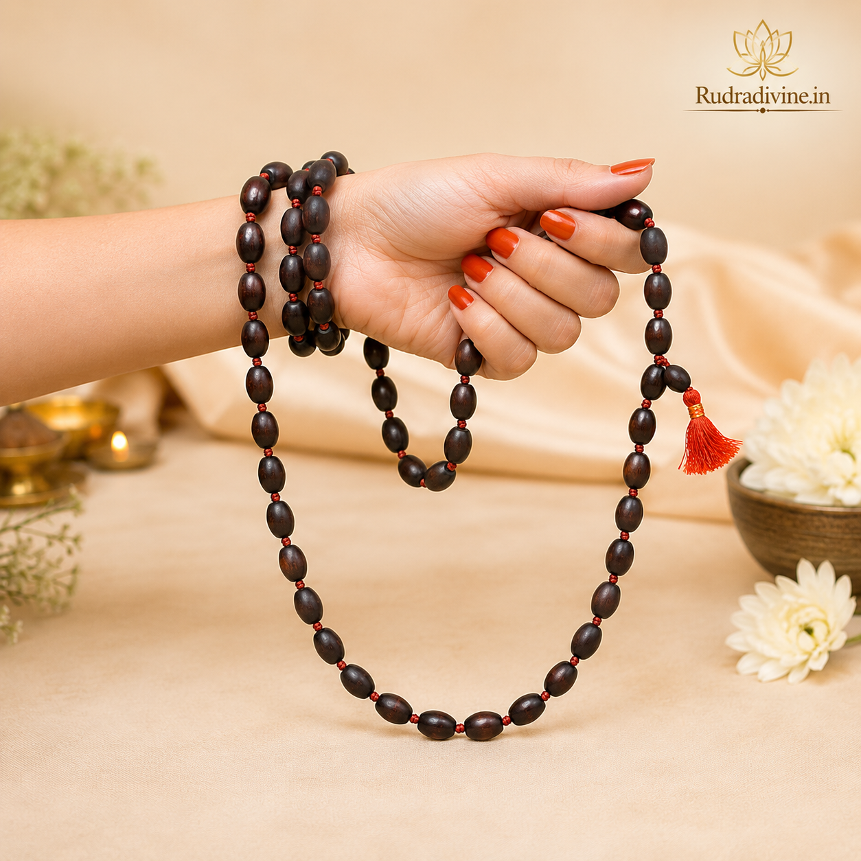 Kamal Gutta Mala 108+1 Beads crafted with natural lotus seeds and official Lab Certificate by Rudradivine for prosperity, Lakshmi worship and spiritual meditation.