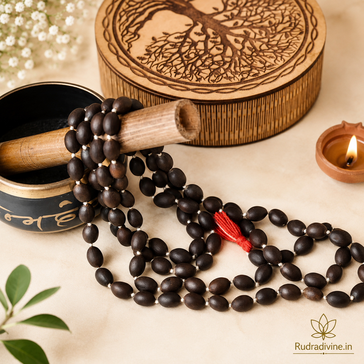 Kamal Gutta Mala 108+1 Beads crafted with natural lotus seeds and official Lab Certificate by Rudradivine for prosperity, Lakshmi worship and spiritual meditation.