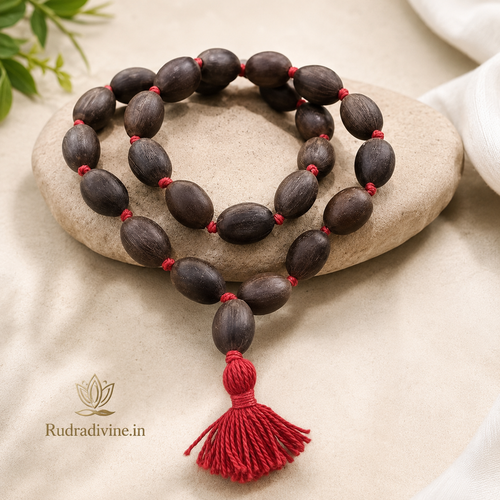Kamal Gutta Mala 27+1 Beads crafted with natural lotus seeds and official Lab Certificate by Rudradivine for prosperity, Lakshmi worship and spiritual meditation.