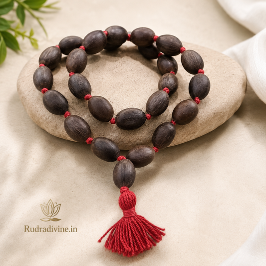 Kamal Gutta Mala 27+1 Beads crafted with natural lotus seeds and official Lab Certificate by Rudradivine for prosperity, Lakshmi worship and spiritual meditation.