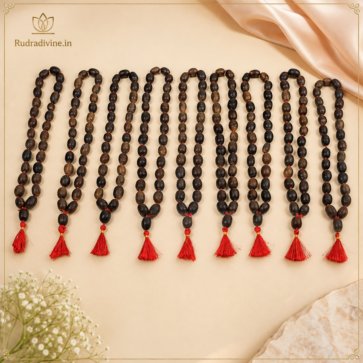 Kamal Gutta Mala 27+1 Beads crafted with natural lotus seeds and official Lab Certificate by Rudradivine for prosperity, Lakshmi worship and spiritual meditation.