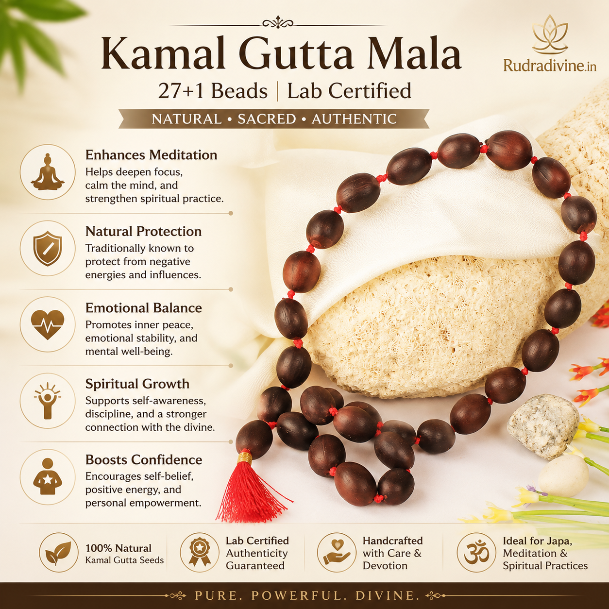 Kamal Gutta Mala 27+1 Beads crafted with natural lotus seeds and official Lab Certificate by Rudradivine for prosperity, Lakshmi worship and spiritual meditation.