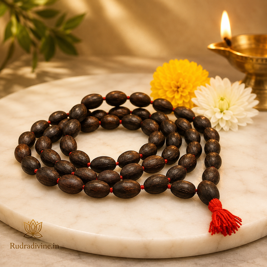 Kamal Gutta Mala 54+1 Beads crafted with natural lotus seeds and official Lab Certificate by Rudradivine for prosperity, Lakshmi worship and spiritual meditation.