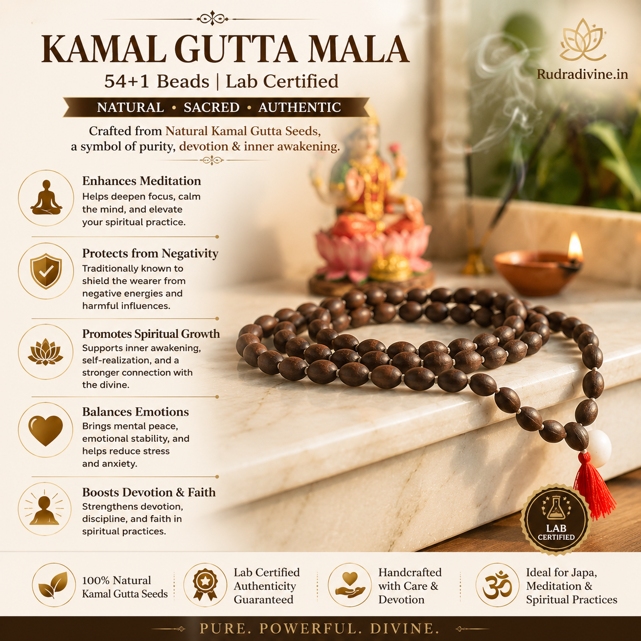 Kamal Gutta Mala 54+1 Beads crafted with natural lotus seeds and official Lab Certificate by Rudradivine for prosperity, Lakshmi worship and spiritual meditation.