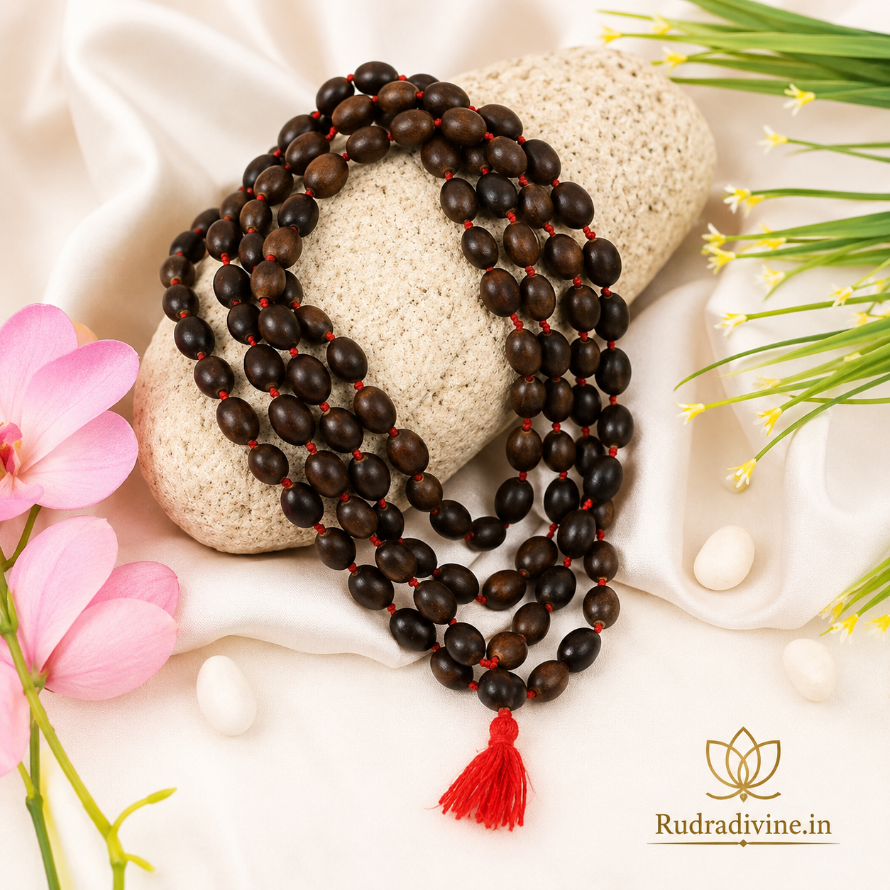 Kamal Gutta Mala 54+1 Beads crafted with natural lotus seeds and official Lab Certificate by Rudradivine for prosperity, Lakshmi worship and spiritual meditation.
