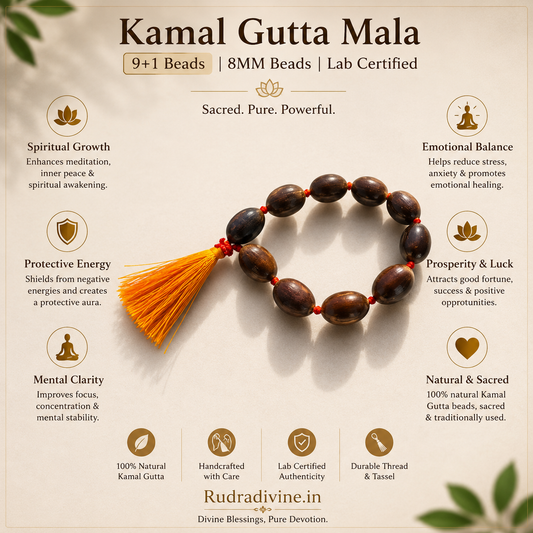 Kamal Gutta Mala 9+1 Beads crafted with natural lotus seeds and official Lab Certificate by Rudradivine for prosperity, Lakshmi worship and spiritual meditation.