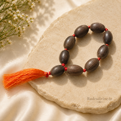 Kamal Gutta Mala 9+1 Beads crafted with natural lotus seeds and official Lab Certificate by Rudradivine for prosperity, Lakshmi worship and spiritual meditation.