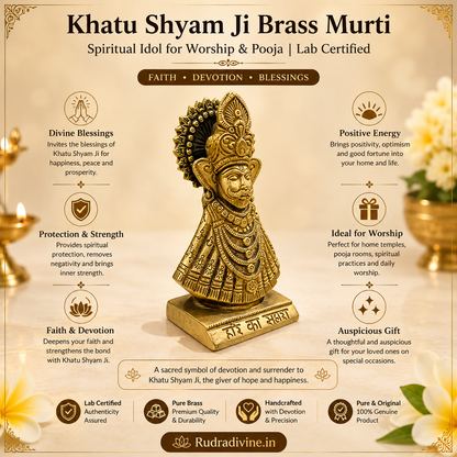 Khatu Shyam Ji Brass Murti crafted from premium brass with official Lab Certificate by Rudradivine for worship, divine blessings, prosperity and spiritual peace.