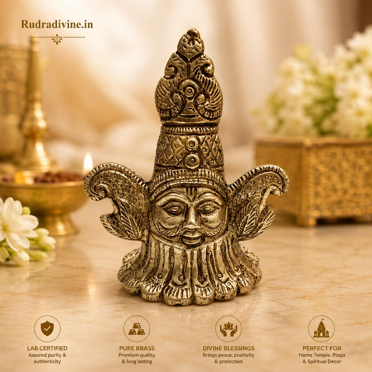 Khatu Shyam Ji Brass Statue crafted from premium brass with official Lab Certificate by Rudradivine for home temple, daily pooja, spiritual décor, divine blessings and prosperity.