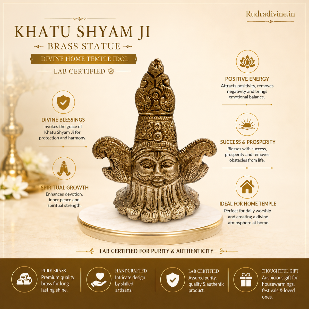Khatu Shyam Ji Brass Statue crafted from premium brass with official Lab Certificate by Rudradivine for home temple, daily pooja, spiritual décor, divine blessings and prosperity.