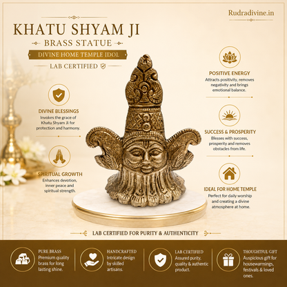 Khatu Shyam Ji Brass Statue crafted from premium brass with official Lab Certificate by Rudradivine for home temple, daily pooja, spiritual décor, divine blessings and prosperity.
