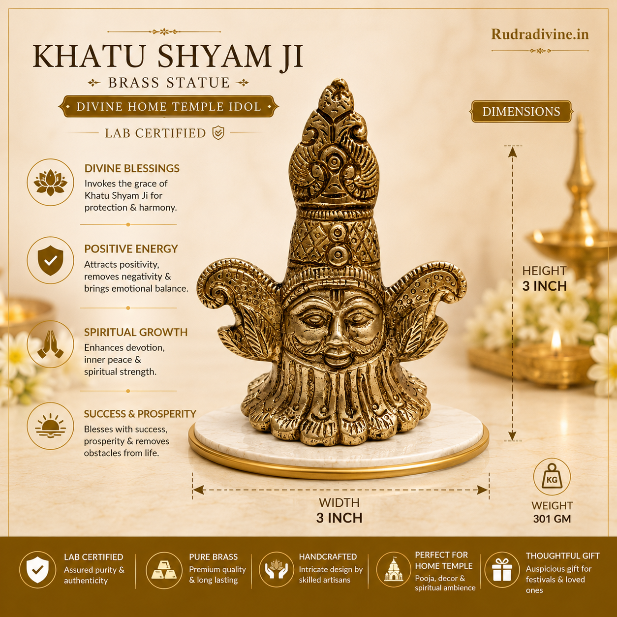Khatu Shyam Ji Brass Statue crafted from premium brass with official Lab Certificate by Rudradivine for home temple, daily pooja, spiritual décor, divine blessings and prosperity.