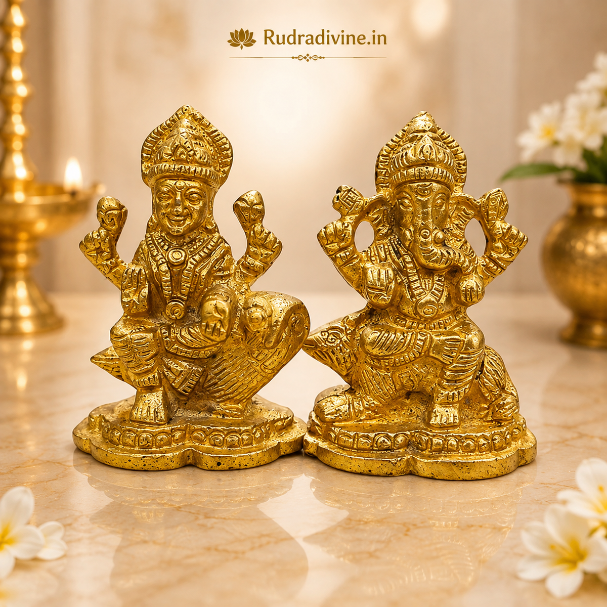 Lakshmi Ganesh Idol in premium brass with official Lab Certificate by Rudradivine for wealth, prosperity, home temple, daily pooja and spiritual home decor.