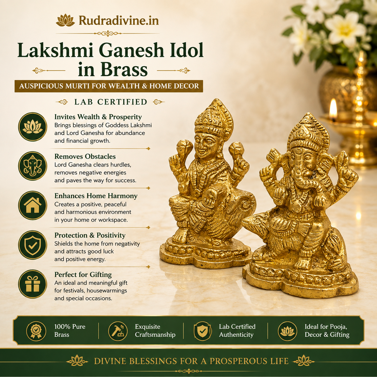 Lakshmi Ganesh Idol in premium brass with official Lab Certificate by Rudradivine for wealth, prosperity, home temple, daily pooja and spiritual home decor.