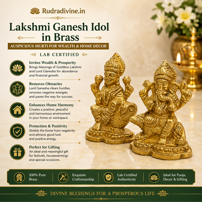 Lakshmi Ganesh Idol in premium brass with official Lab Certificate by Rudradivine for wealth, prosperity, home temple, daily pooja and spiritual home decor.