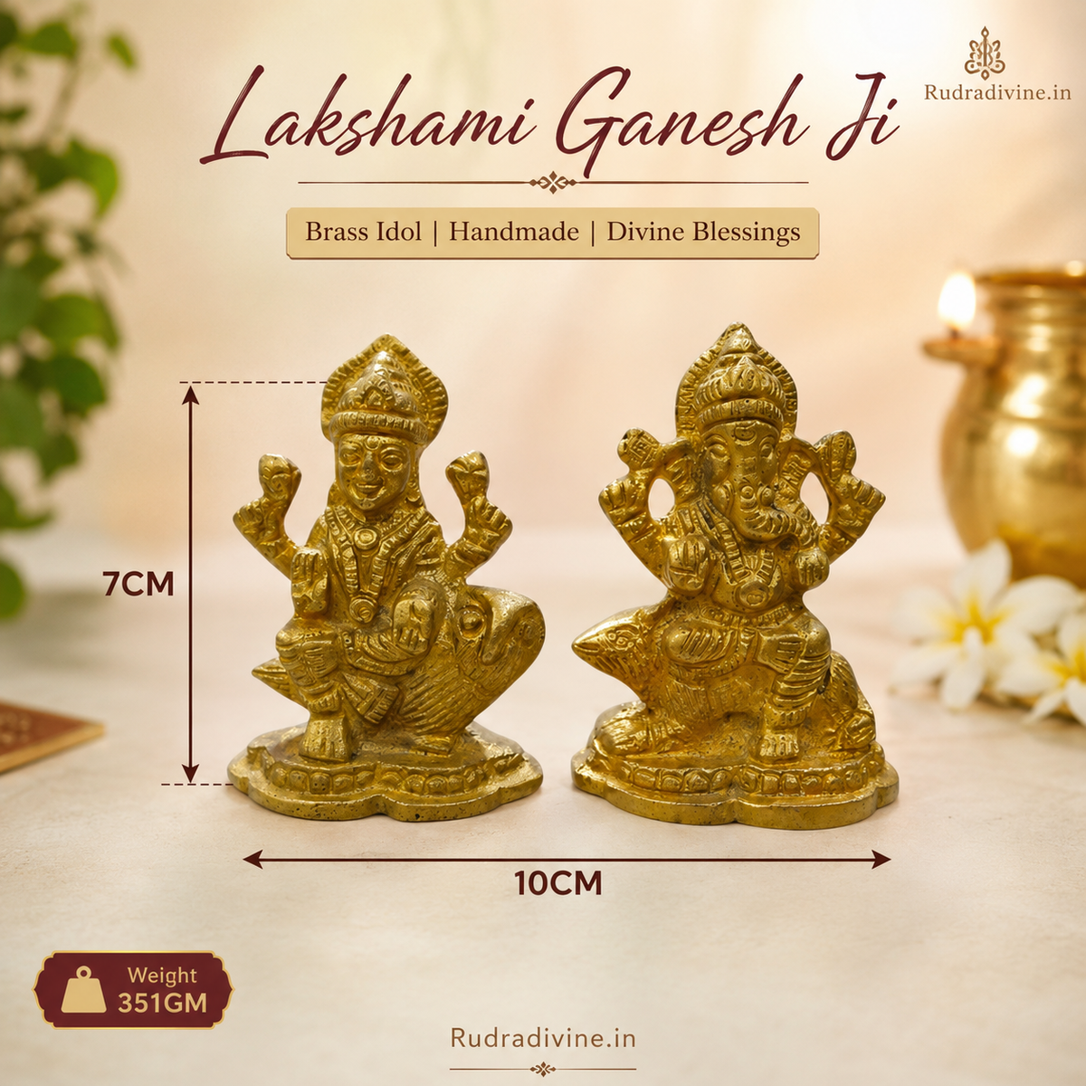 Lakshmi Ganesh Idol in premium brass with official Lab Certificate by Rudradivine for wealth, prosperity, home temple, daily pooja and spiritual home decor.