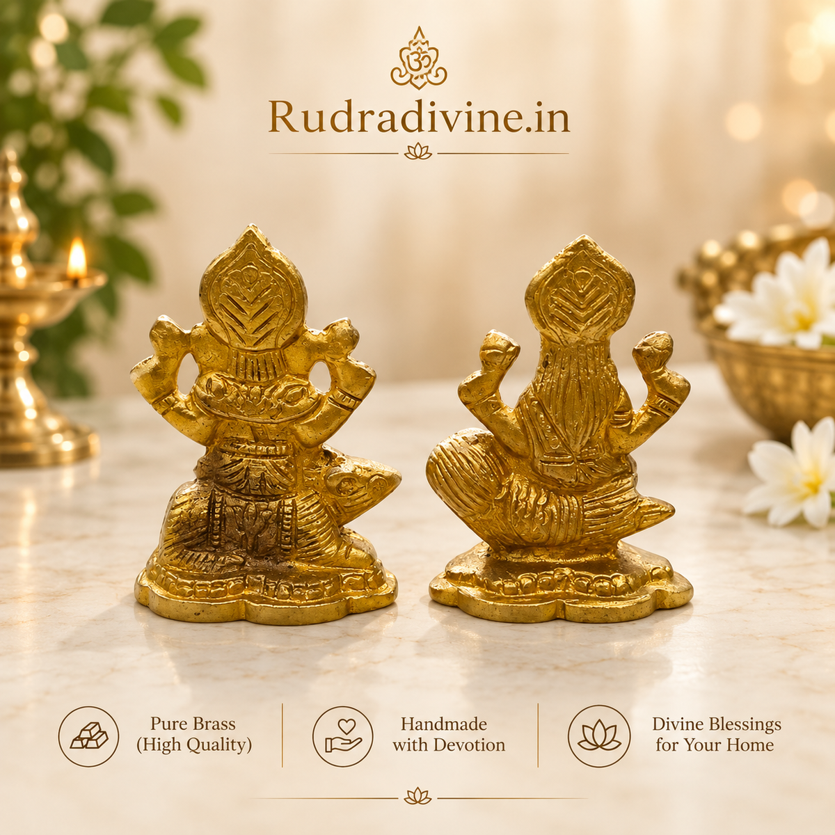 Lakshmi Ganesh Idol in premium brass with official Lab Certificate by Rudradivine for wealth, prosperity, home temple, daily pooja and spiritual home decor.