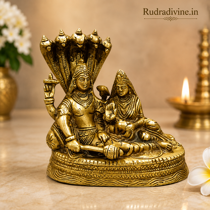 Lakshmi Narayan Brass Idol resting on Shesha Naag crafted from premium brass with official Lab Certificate by Rudradivine for divine blessings and prosperity.