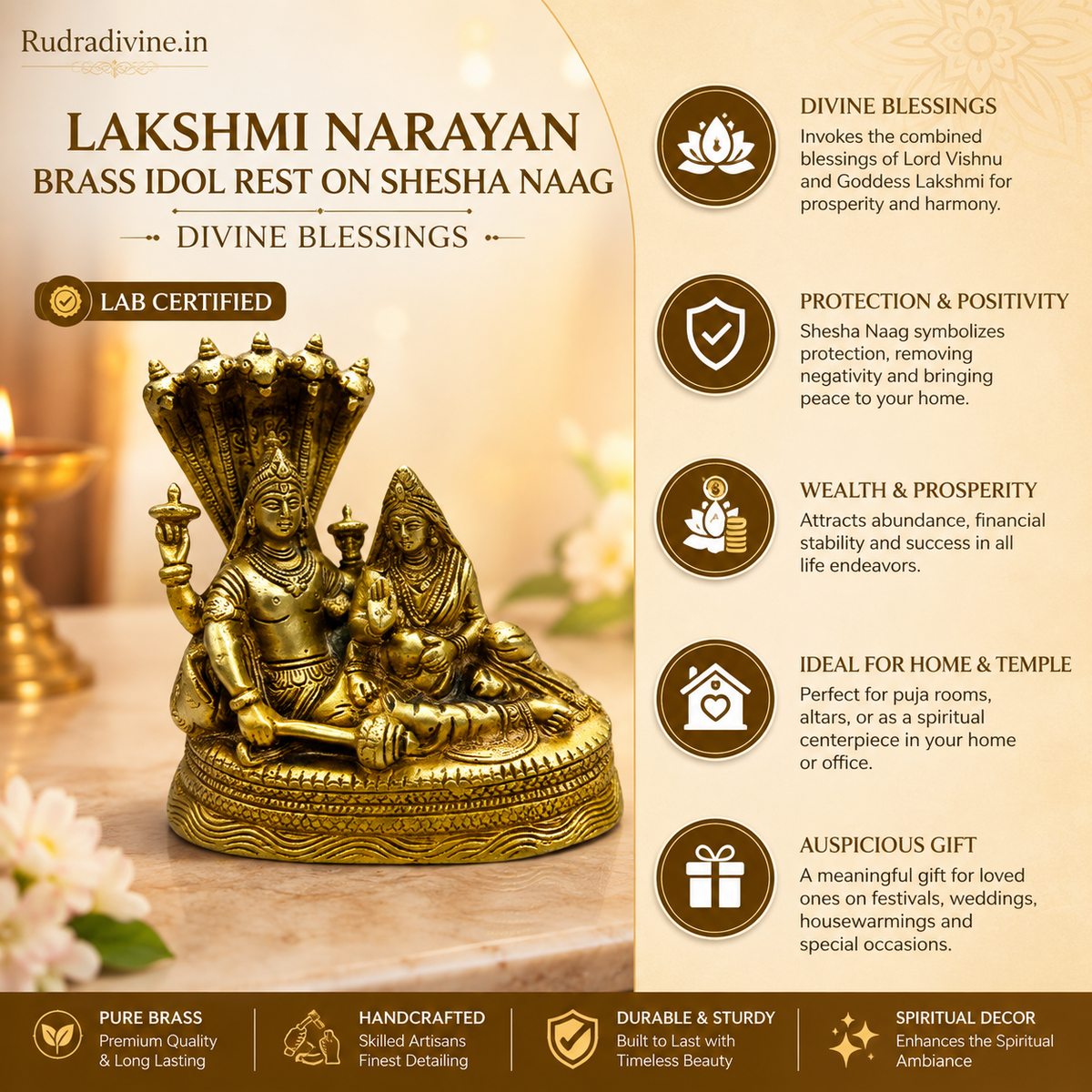 Lakshmi Narayan Brass Idol resting on Shesha Naag crafted from premium brass with official Lab Certificate by Rudradivine for divine blessings and prosperity.