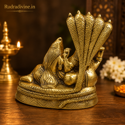 Lakshmi Narayan Brass Idol resting on Shesha Naag crafted from premium brass with official Lab Certificate by Rudradivine for divine blessings and prosperity.