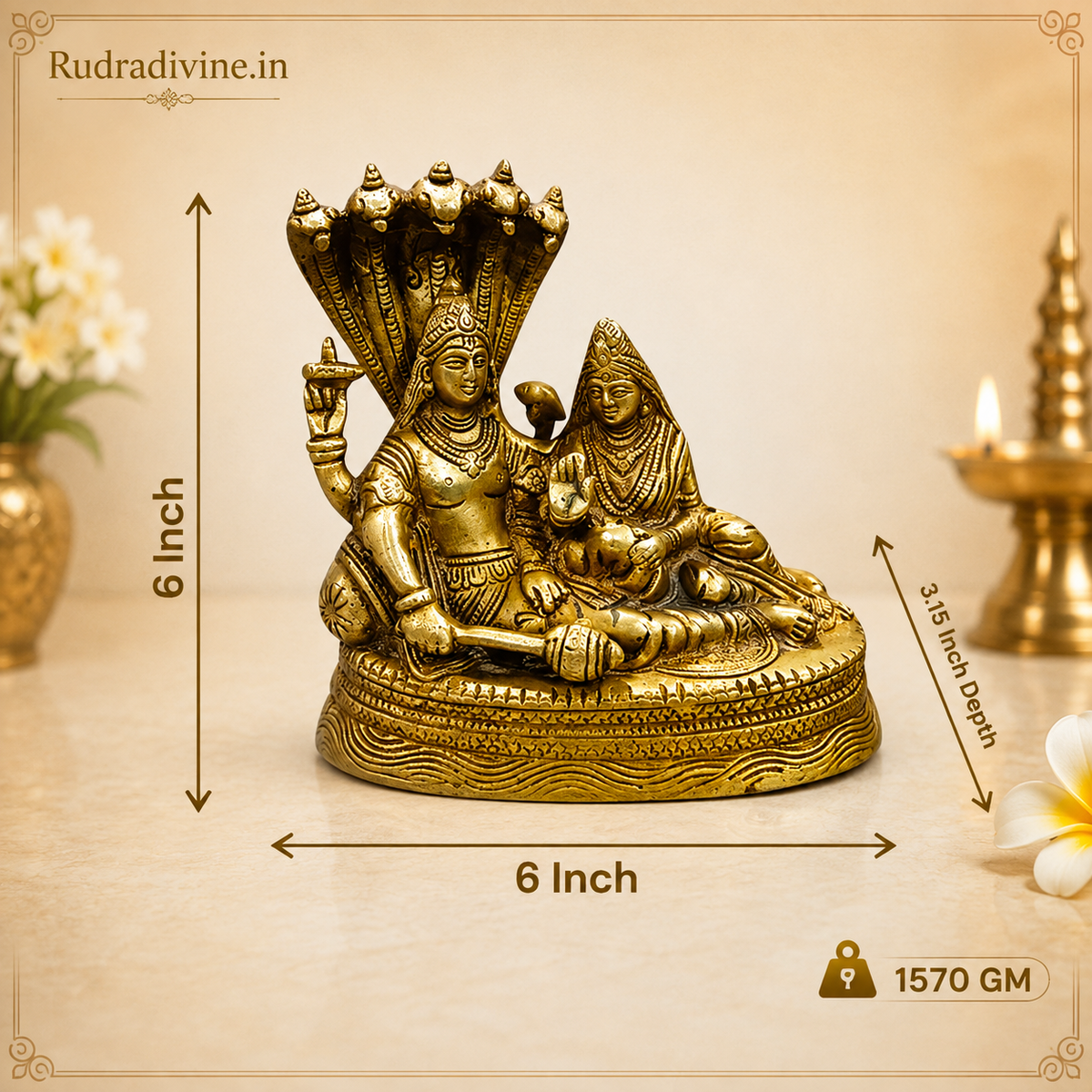 Lakshmi Narayan Brass Idol resting on Shesha Naag crafted from premium brass with official Lab Certificate by Rudradivine for divine blessings and prosperity.