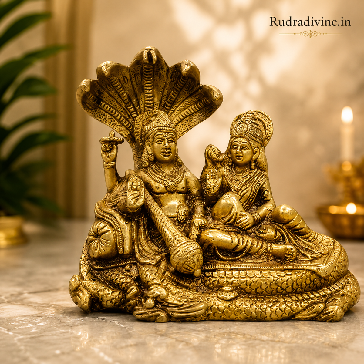 Lakshmi Narayan Brass Idol resting on Shesha Naag crafted from premium brass with official Lab Certificate by Rudra Divine for divine blessings and prosperity.
