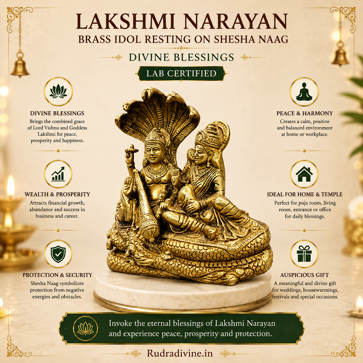 Lakshmi Narayan Brass Idol resting on Shesha Naag crafted from premium brass with official Lab Certificate by Rudra Divine for divine blessings and prosperity.