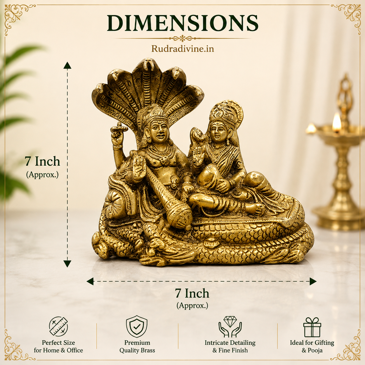 Lakshmi Narayan Brass Idol resting on Shesha Naag crafted from premium brass with official Lab Certificate by Rudra Divine for divine blessings and prosperity.