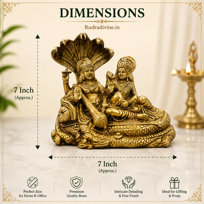 Lakshmi Narayan Brass Idol resting on Shesha Naag crafted from premium brass with official Lab Certificate by Rudra Divine for divine blessings and prosperity.