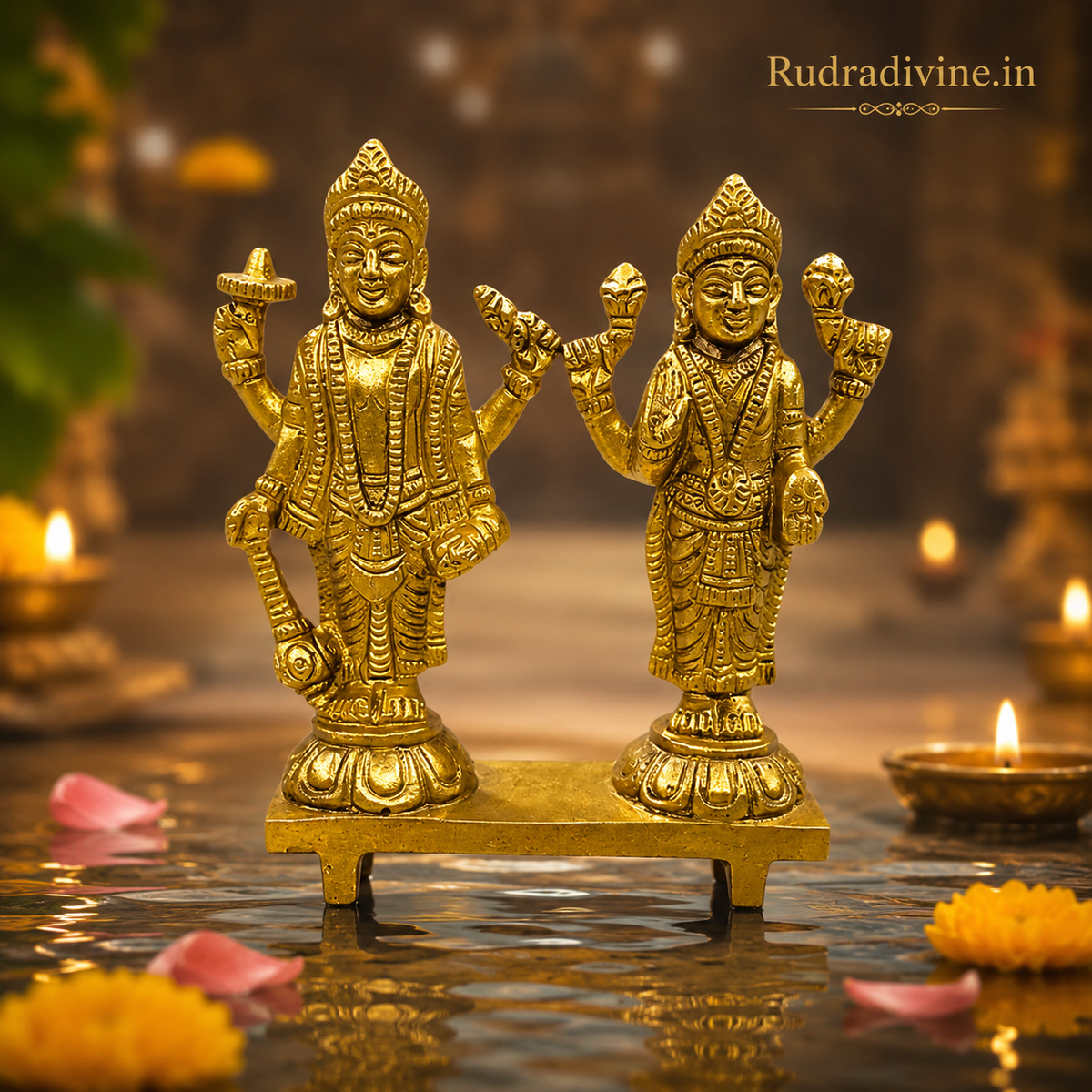 Lakshmi Narayan Brass Idols Pair crafted from premium brass with official Lab Certificate by Rudradivine, symbolizing divine blessings, prosperity, protection and spiritual harmony.