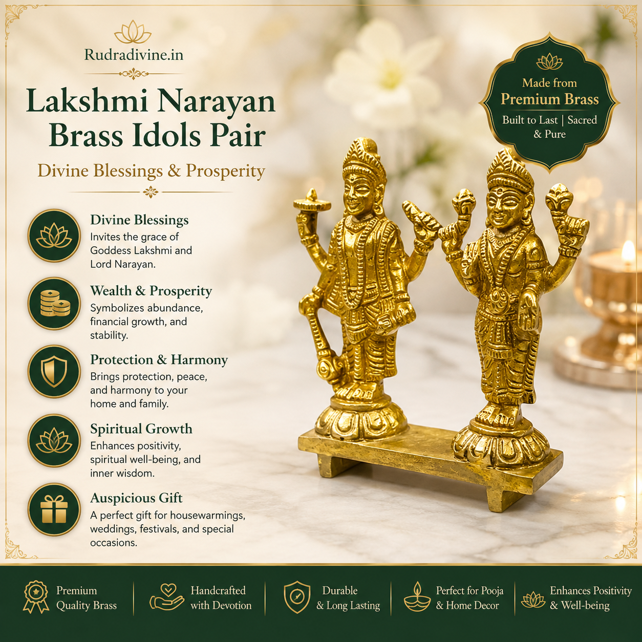 Lakshmi Narayan Brass Idols Pair crafted from premium brass with official Lab Certificate by Rudradivine, symbolizing divine blessings, prosperity, protection and spiritual harmony.