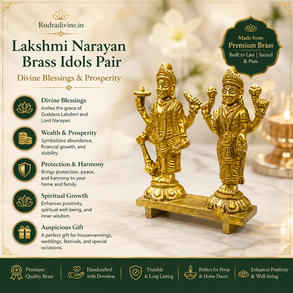 Lakshmi Narayan Brass Idols Pair crafted from premium brass with official Lab Certificate by Rudradivine, symbolizing divine blessings, prosperity, protection and spiritual harmony.