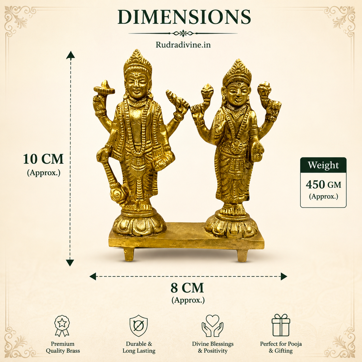 Lakshmi Narayan Brass Idols Pair crafted from premium brass with official Lab Certificate by Rudradivine, symbolizing divine blessings, prosperity, protection and spiritual harmony.