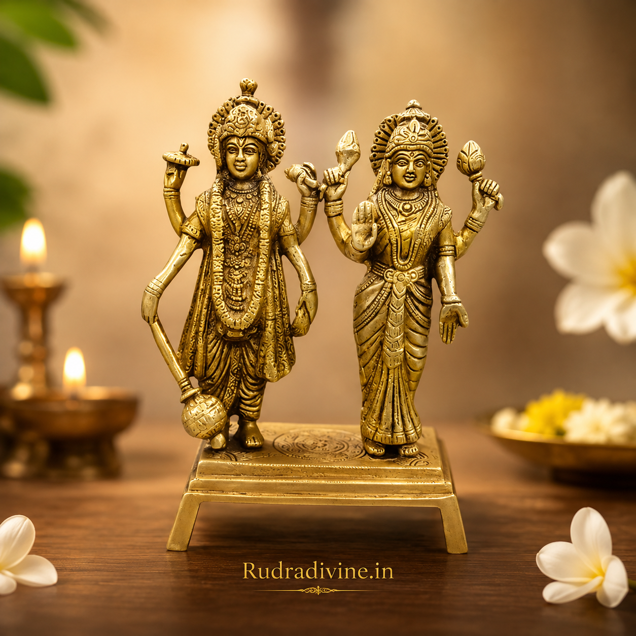 Lakshmi Narayan Standing Brass Idol handcrafted in premium brass with official Lab Certificate by Rudradivine for prosperity, divine blessings, home temple and daily pooja.