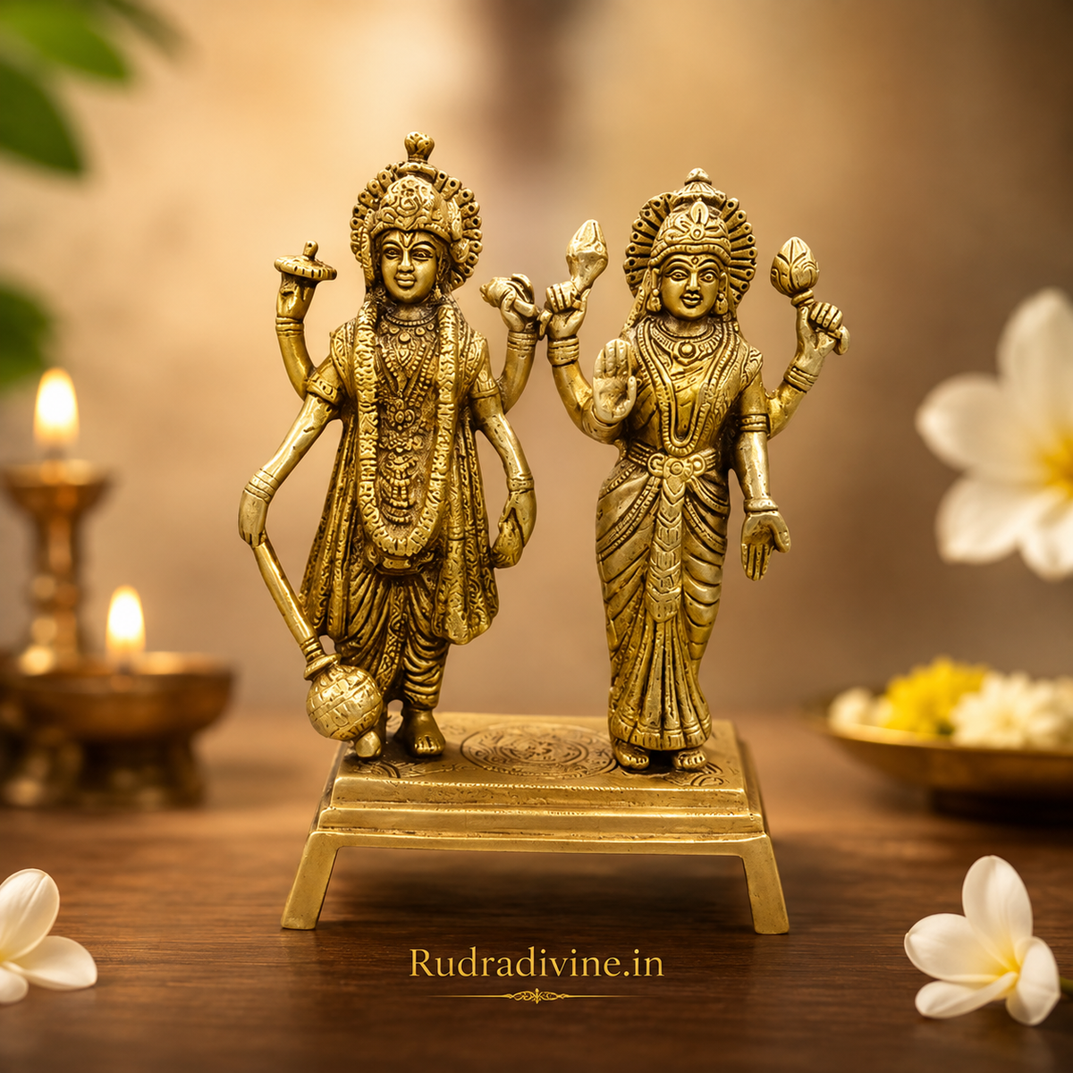 Lakshmi Narayan Standing Brass Idol handcrafted in premium brass with official Lab Certificate by Rudradivine for prosperity, divine blessings, home temple and daily pooja.