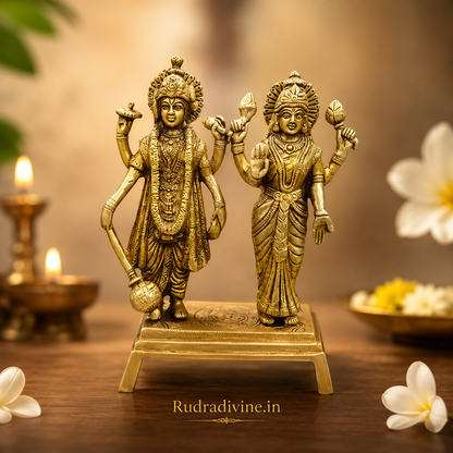 Lakshmi Narayan Standing Brass Idol handcrafted in premium brass with official Lab Certificate by Rudradivine for prosperity, divine blessings, home temple and daily pooja.