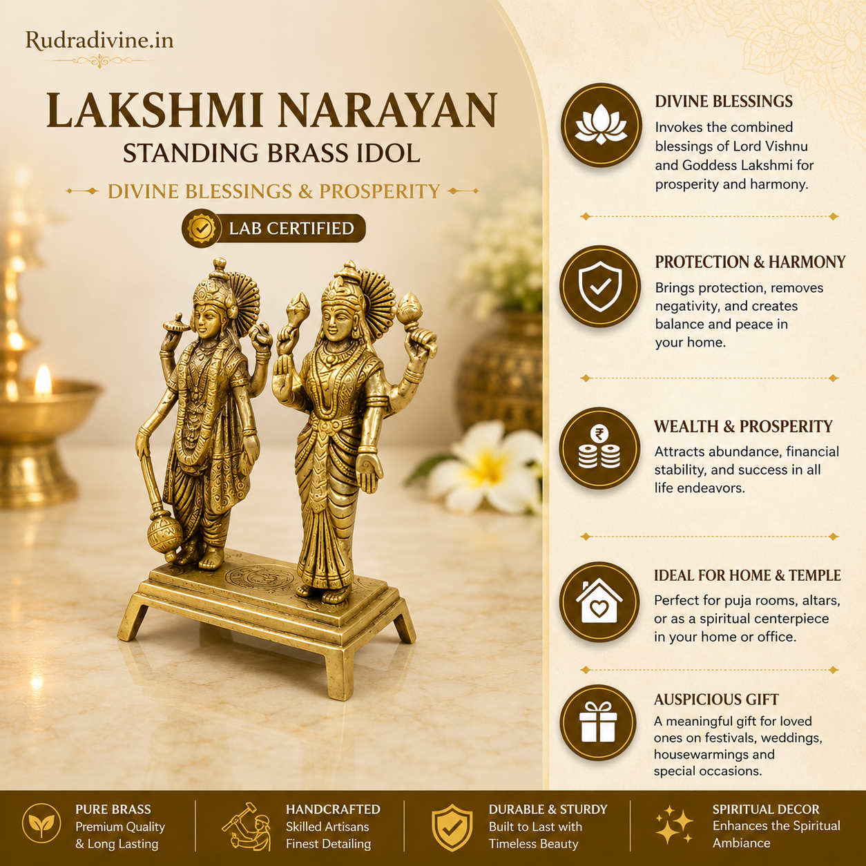 Lakshmi Narayan Standing Brass Idol handcrafted in premium brass with official Lab Certificate by Rudradivine for prosperity, divine blessings, home temple and daily pooja.